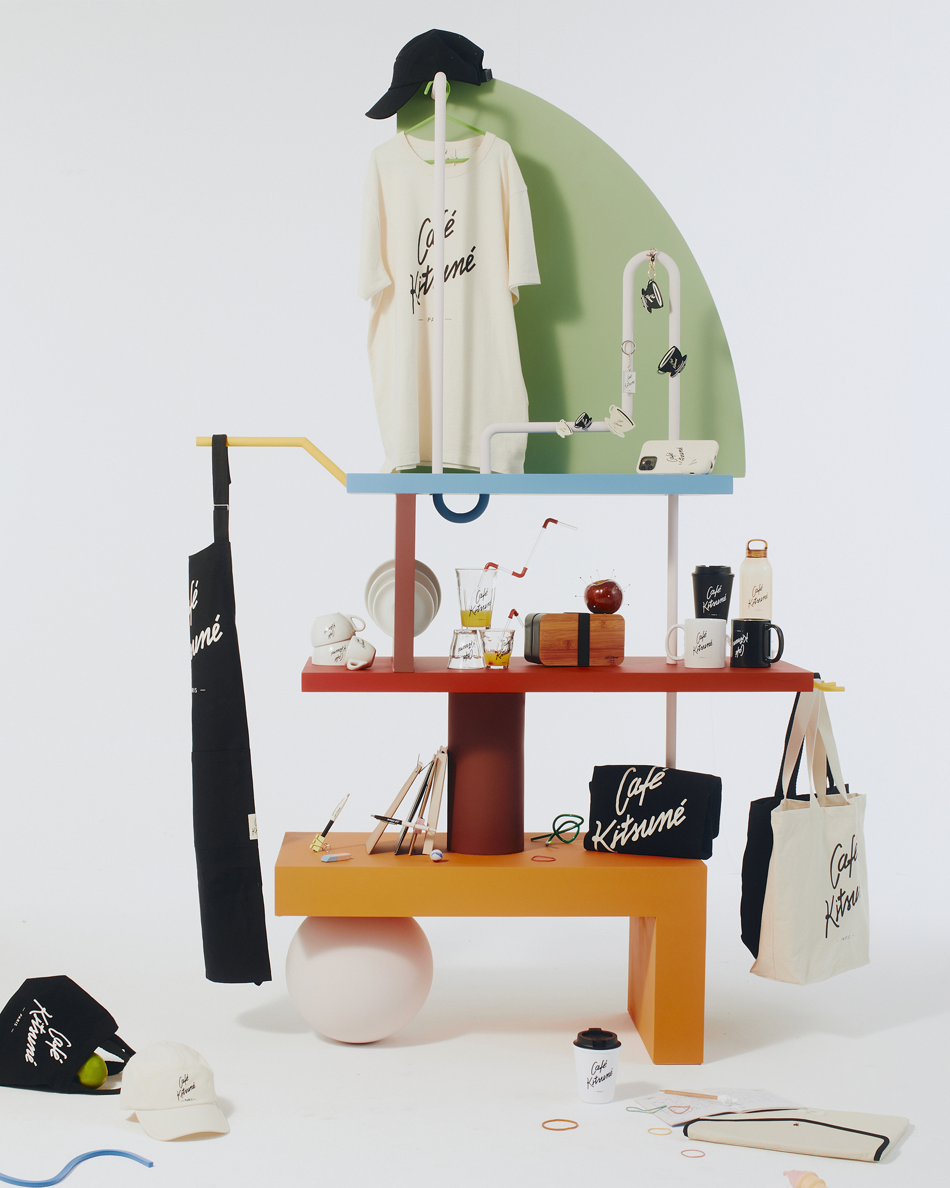 Contemporary sculptural set design with bold forms for Maison Kitsune by Paris-based set designer Nara Lee (Nara Lee Studio)