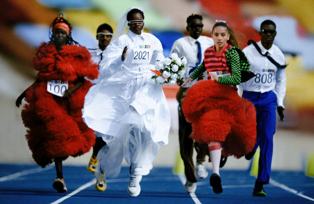 Dynamic fashion set design with movement for Dazed editorial by Paris-based set designer Nara Lee (Nara Lee Studio)