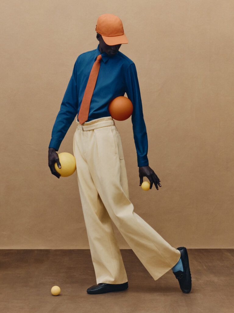 Graphic fashion set design with bold color accents for Hermès by Paris-based set designer Nara Lee (Nara Lee Studio)