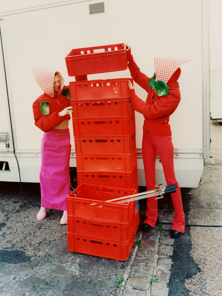 Colorful set design for Vogue France editorial shoot in Normandie, featuring bold and playful compositions, created by Paris-based set designer Nara Lee (Nara Lee Studio), represented by Lambert Lambert agency, photographed by Osma Harvilahti, styled by Imruh Asha