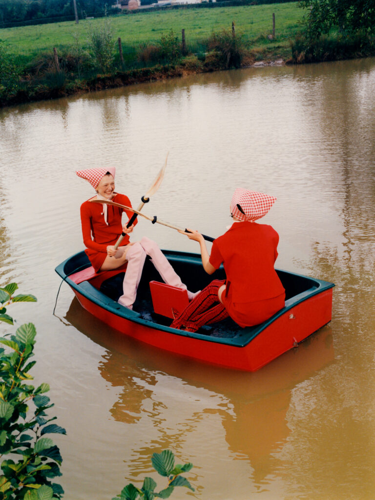 Vibrant fashion shooting set design with playful and bold colors for Vogue France, created by Nara Lee Studio, Paris-based set designer and prop stylist Nara Lee, represented by Lambert Lambert agency, styled by Imruh Asha